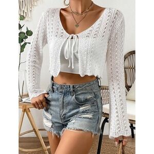 Women's Cardigan Sweaters Front Tie Knit Crop Y2K Inspired Small Faircore White